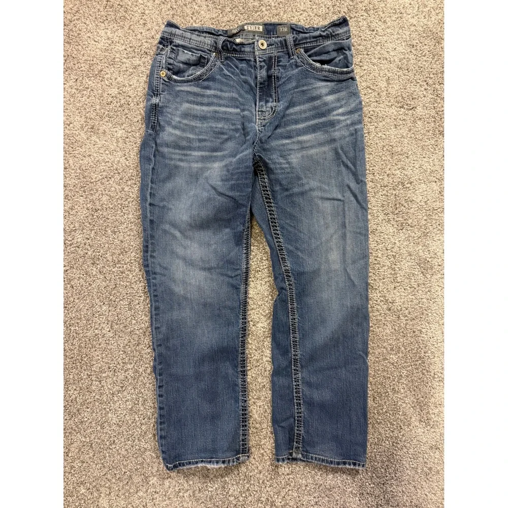 BKE Jeans Mens 32R Blue Tyler Straight Leg Stretch Distressed Denim Pants *